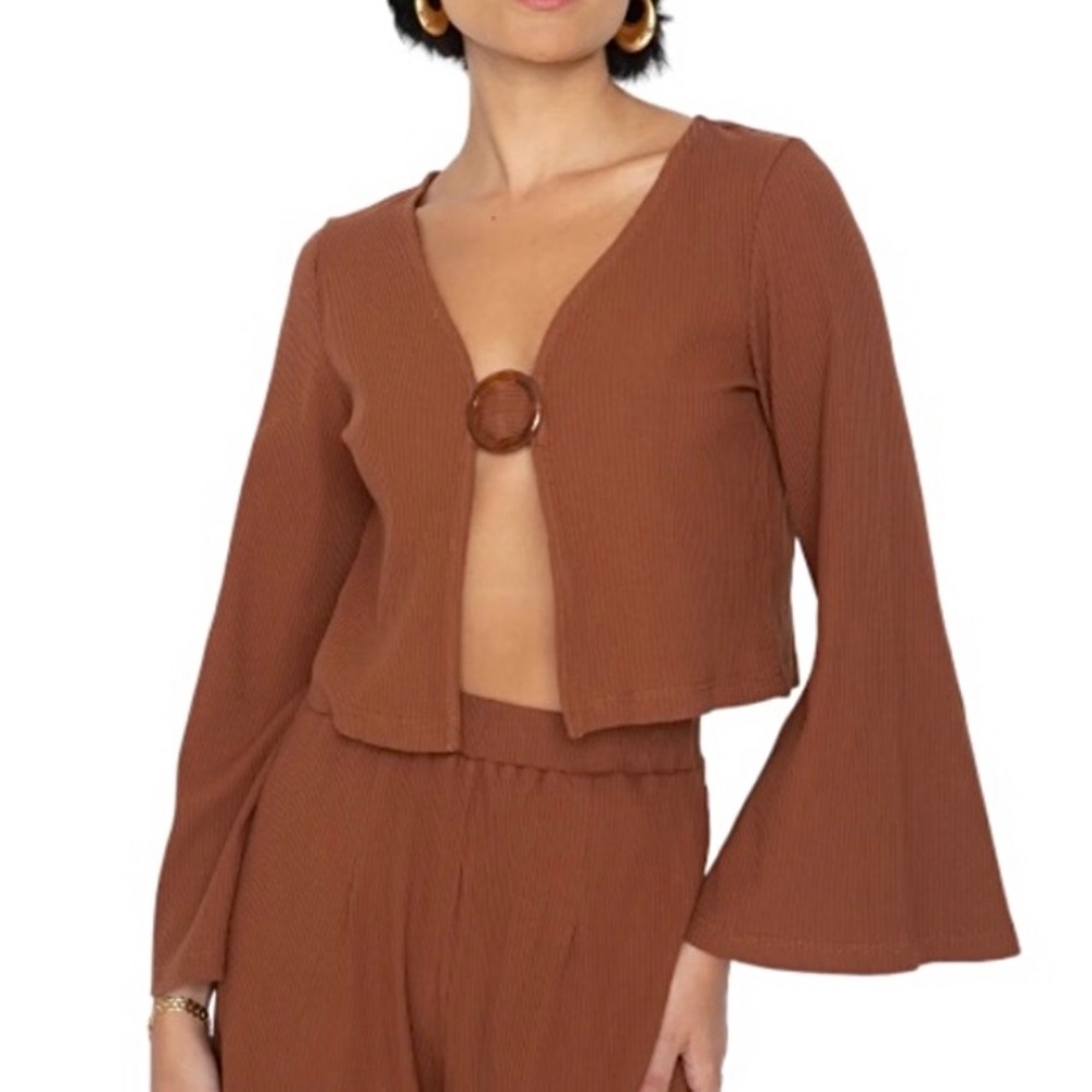 New Callahan Open Front Ring Bell Sleeve Ribbed Crop Top Mocha Brown Size XS